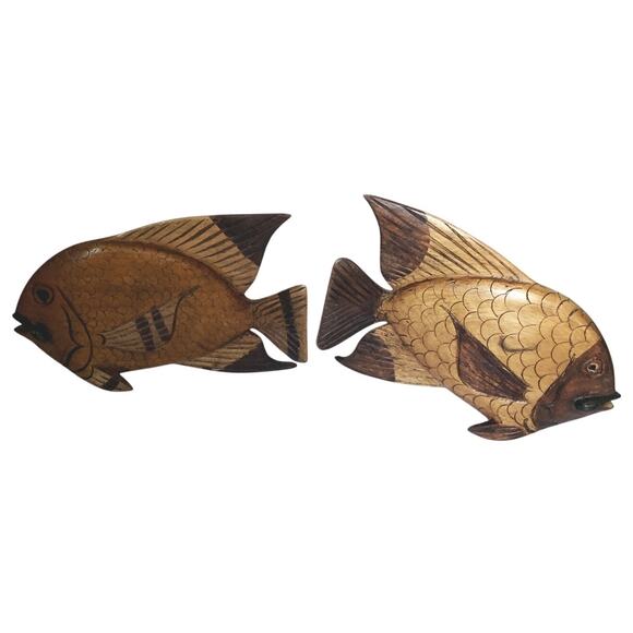 Vintage Pair of Wood Carved Fish Detailed Scales Sculpture 9" x 6" - Picture 4 of 9